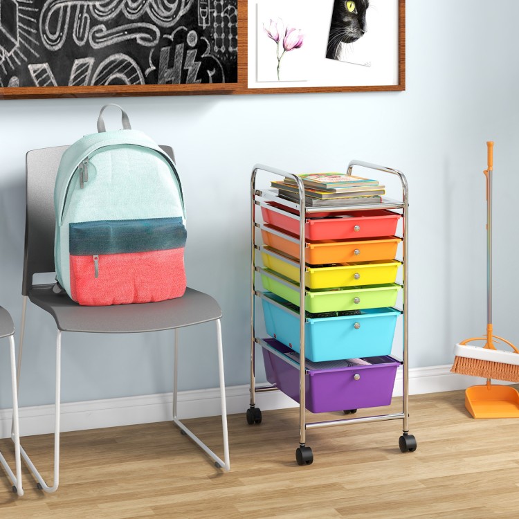 Colorful plastic drawers of the 6-drawer rolling storage cart on wheels, ideal for organizing supplies in any space.