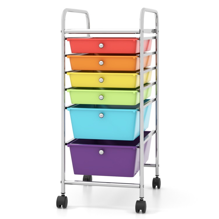 Rolling storage cart with 6 colorful plastic drawers and sturdy metal frame, perfect for organizing in home or office.