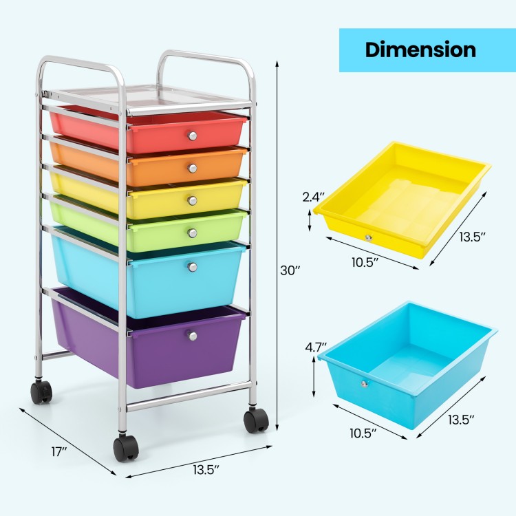 Rolling storage cart with 6 multicolor plastic drawers, featuring a sturdy metal frame and removable casters for easy.