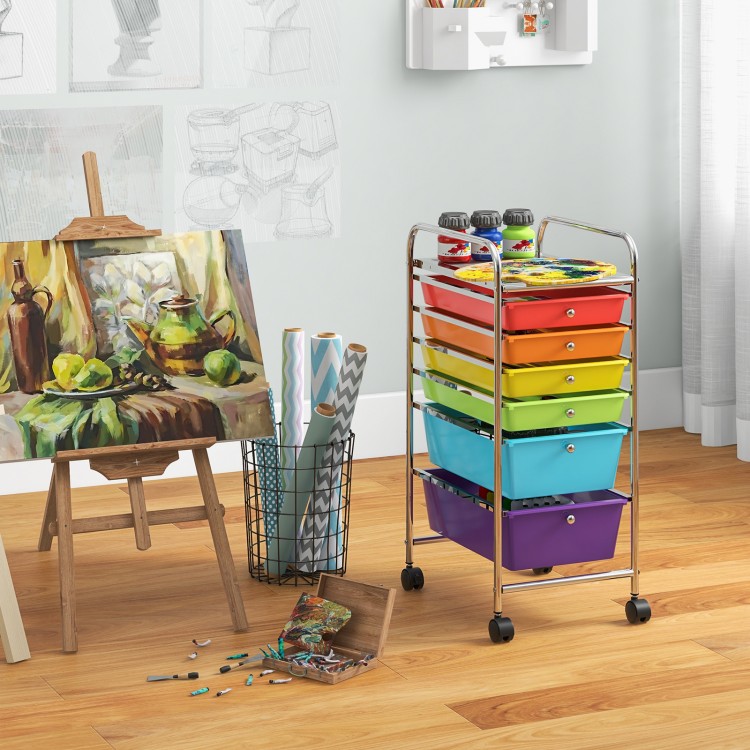 Rolling storage cart with 6 multicolor plastic drawers, ideal for organizing office, home, or classroom supplies.