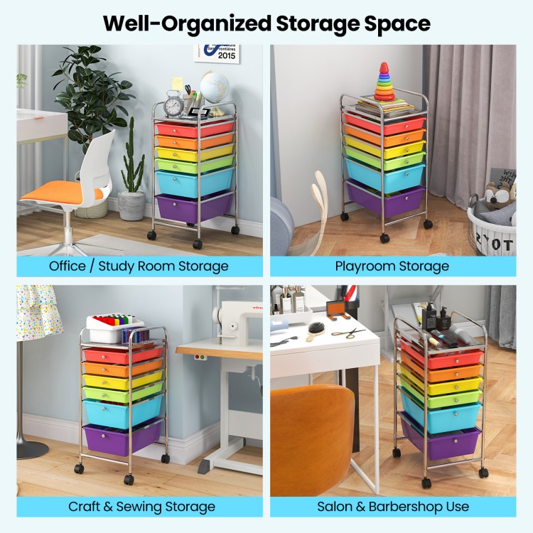 Rolling storage cart with 6 colorful drawers, ideal for office, craft, or playroom organization on sturdy casters.