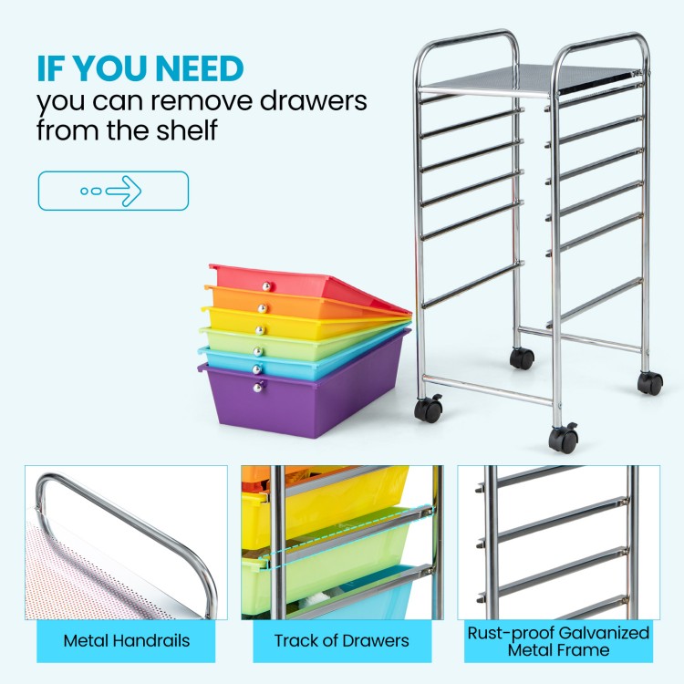 Rolling storage cart with 6 multicolor plastic drawers and a sturdy metal frame, perfect for organizing office or home.