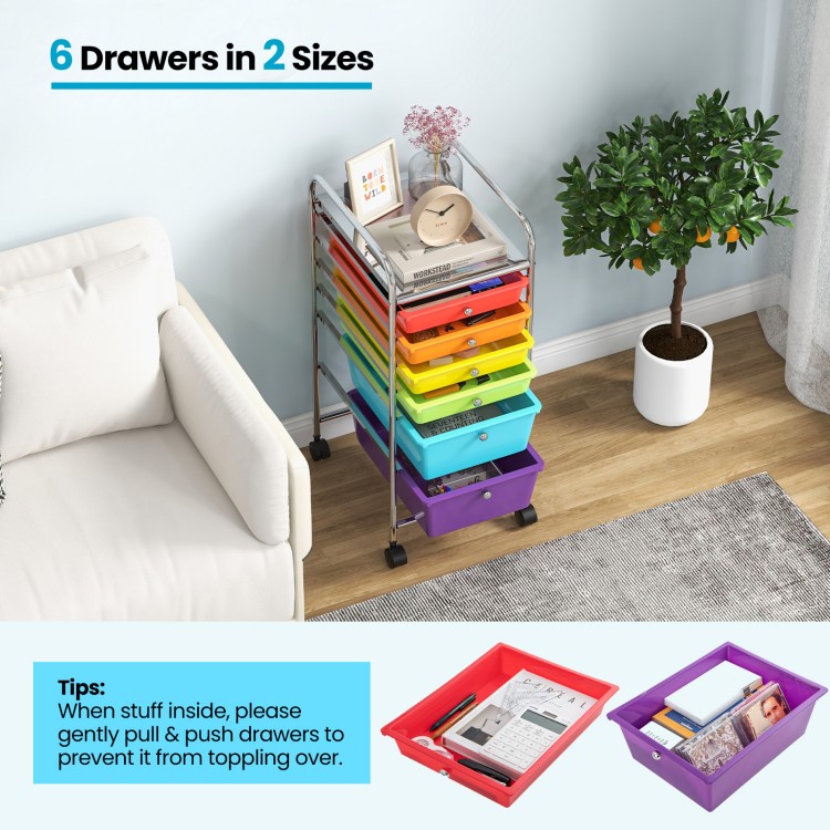 Rolling storage cart with 6 multicolor plastic drawers and sturdy metal frame, ideal for organizing office or home.