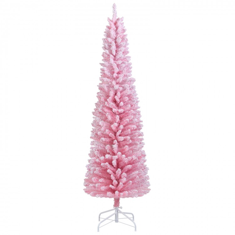 6 FT artificial pink Christmas tree with 460 branch tips, featuring a slim design and snow-flocked leaves for festive.