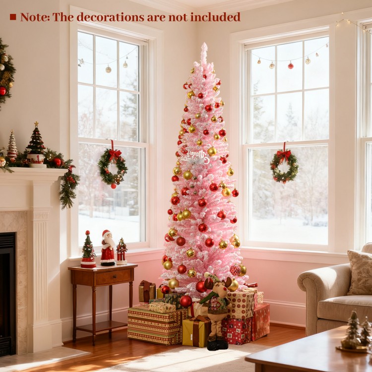 6 FT artificial pink Christmas tree with 460 branch tips, featuring a slim design and realistic treetop for holiday.