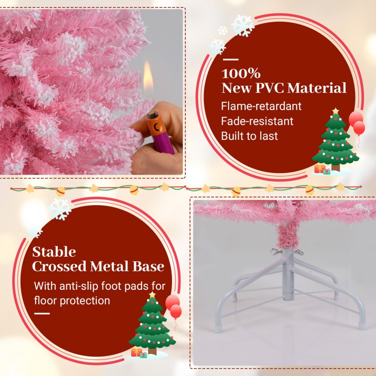 6 FT artificial pink Christmas tree with 460 branch tips, featuring a stable crossed metal base and flame-retardant PVC.