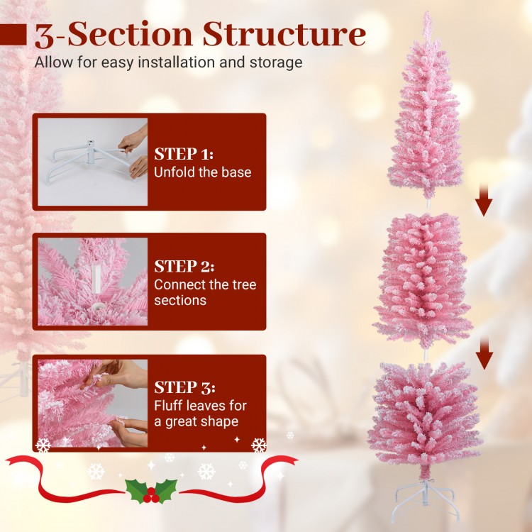 6 FT artificial pink Christmas tree with 460 branch tips, featuring a 3-section design for easy installation and.