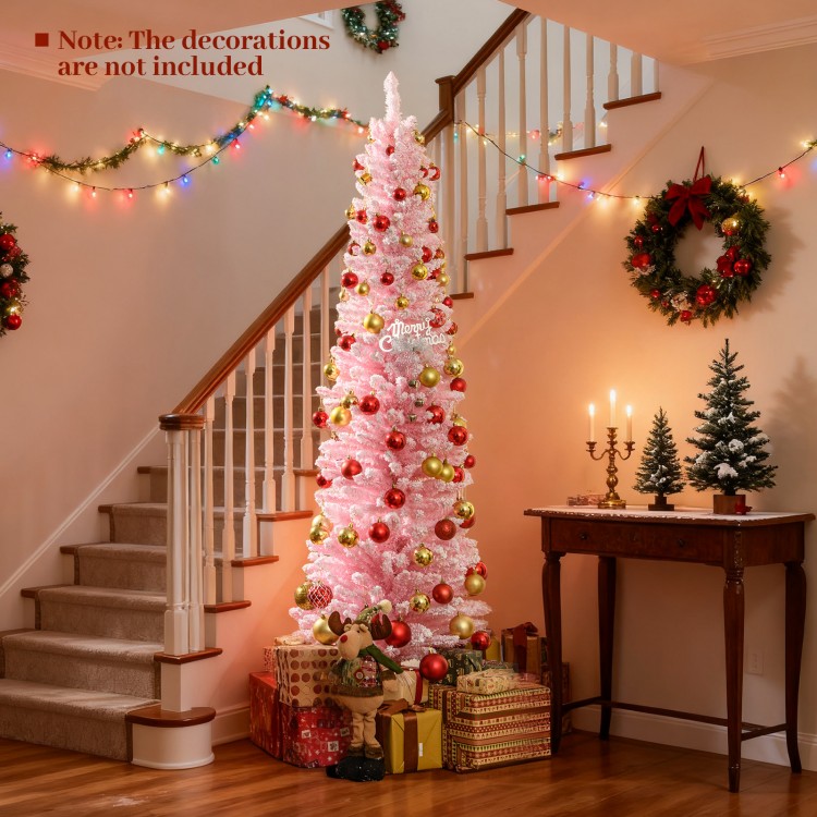 6 FT artificial pink Christmas tree with 460 branch tips, snow-flocked leaves, and a slim design for holiday decor.