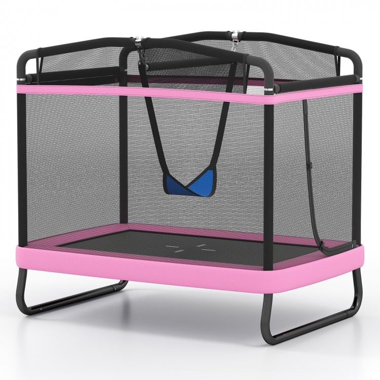 Kids trampoline with swing and horizontal bar in pink, featuring safety net and padded spring cover for indoor or.