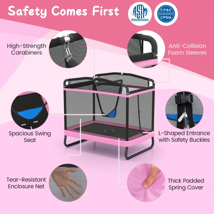 6 FT pink kids trampoline with swing and horizontal bar, featuring safety enclosure net and padded spring cover for.
