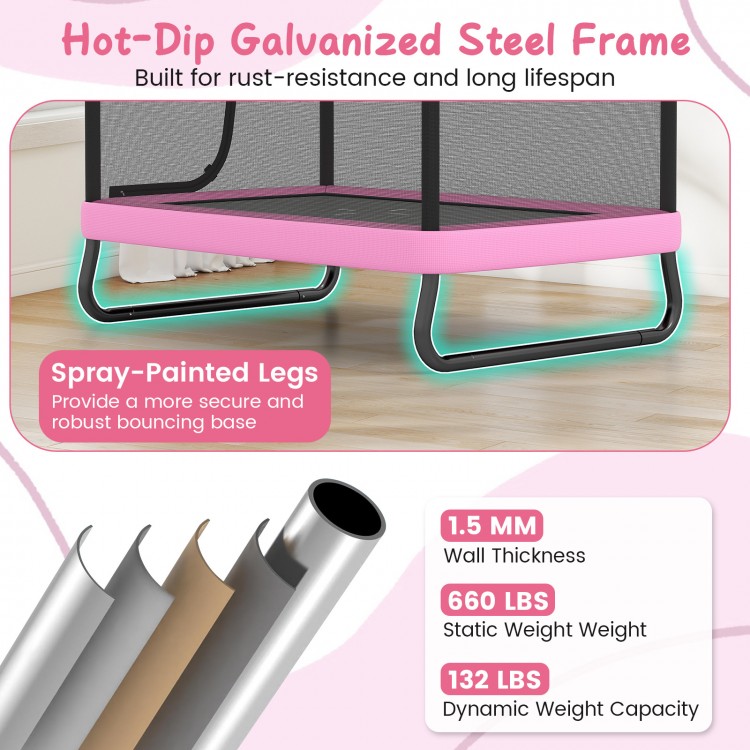 6 FT pink kids trampoline with swing and horizontal bar, featuring a rust-resistant galvanized steel frame for safety.