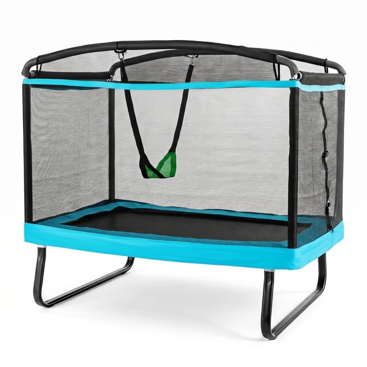 6 FT kids trampoline with swing and safety enclosure net, designed for bouncing and swinging fun in blue color.