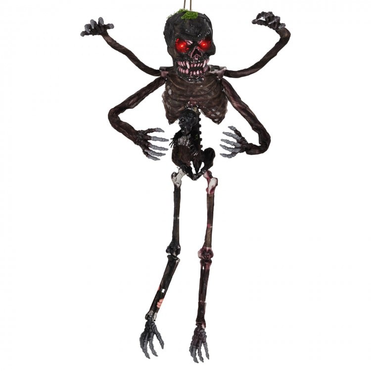 6-foot animated skeleton decoration with 4 arms, red LED eyes, and spooky sounds for a creepy Halloween display.