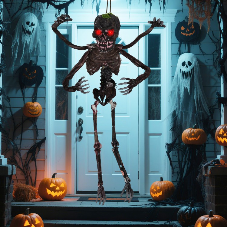 6-foot animated skeleton decoration with red LED eyes, 4 adjustable arms, and spooky sounds for Halloween fright.