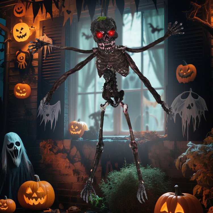 6-foot animated skeleton decoration with red LED eyes, 4 adjustable arms, and spooky sounds for Halloween displays.