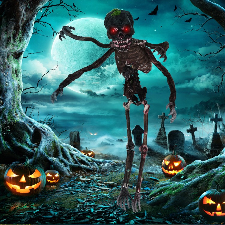 6-foot animated skeleton decoration sways eerily with red LED eyes and ghostly sounds for a terrifying Halloween.