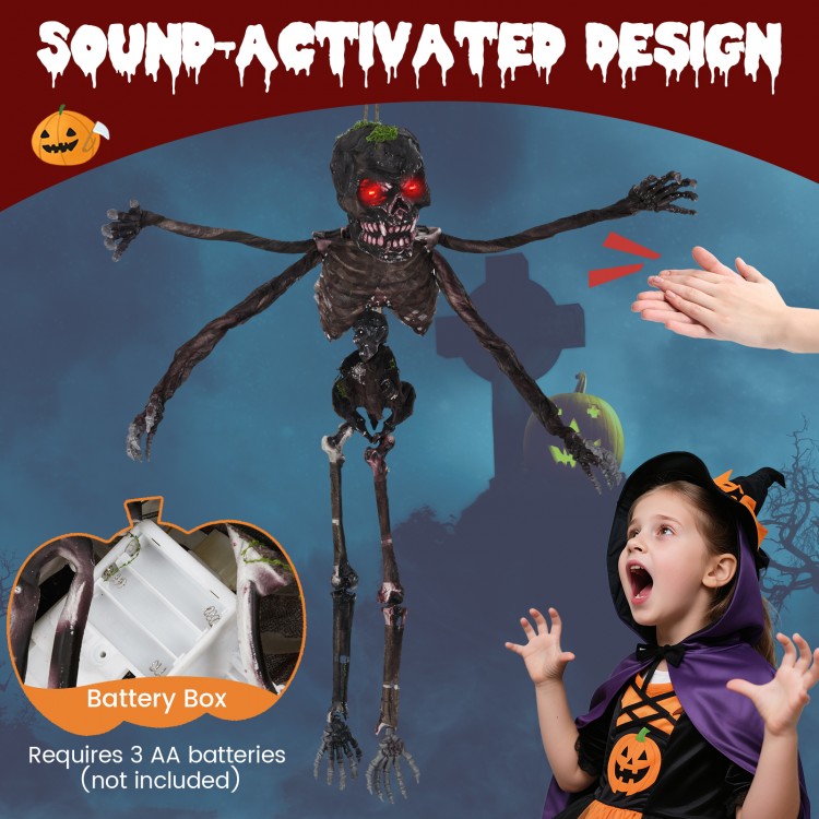 6-foot animated skeleton decoration with red LED eyes, spooky sounds, and 4 adjustable arms for Halloween fright.