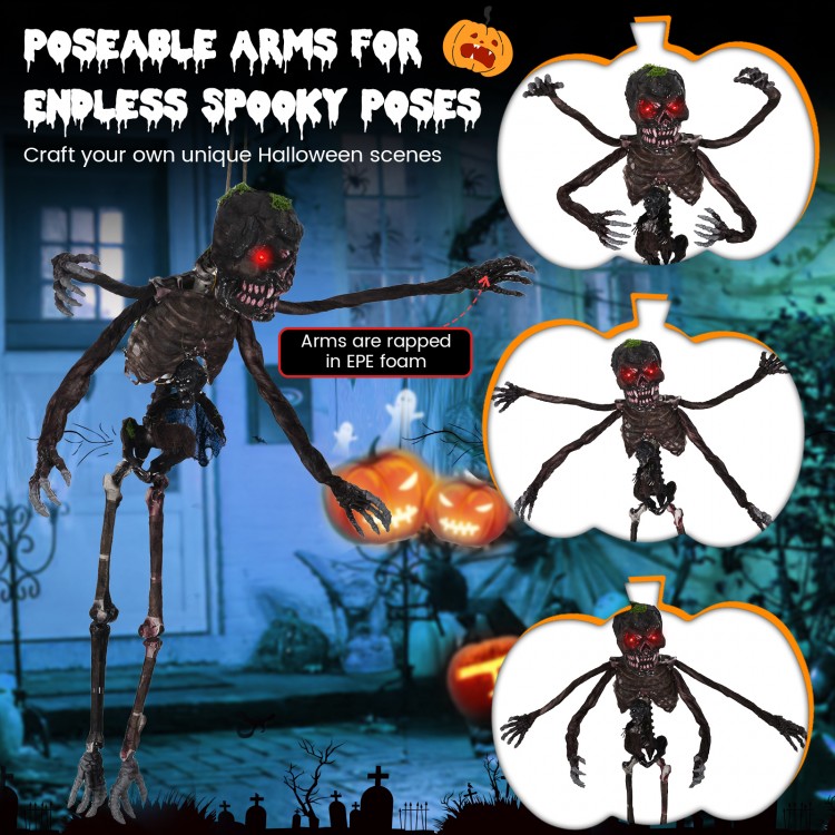 6-foot animated skeleton decoration with 4 adjustable arms, glowing red eyes, and spooky sounds for Halloween displays.