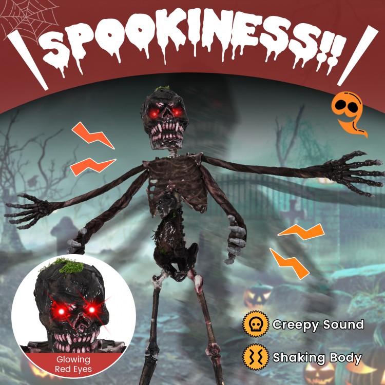 6-foot animated skeleton decoration with glowing red eyes, spooky sounds, and 4 adjustable arms for Halloween fright.