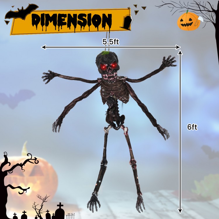6 ft animated skeleton decoration with 4 arms, glowing red eyes, and spooky sounds for Halloween fright.
