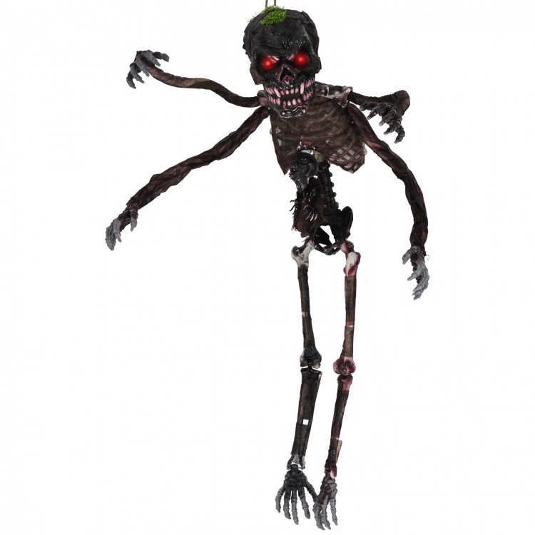6-foot animated skeleton decoration features a weathered bone texture, glowing red eyes, and eerie sounds for Halloween.