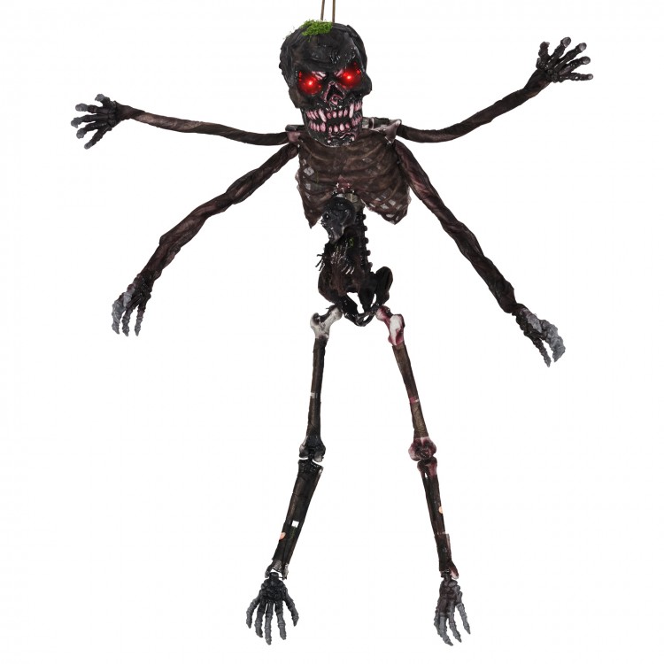 6-foot animated skeleton decoration with 4 arms, glowing red eyes, and spooky sounds for Halloween fright.
