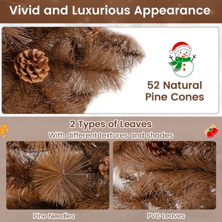 Close-up of 52 natural pine cones and two types of leaves on a 6 feet artificial Christmas tree for festive decor.