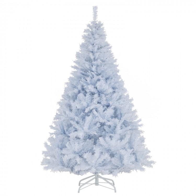 6 feet all-white artificial Christmas tree with hinged branches and 280 LED lights for a festive holiday atmosphere.