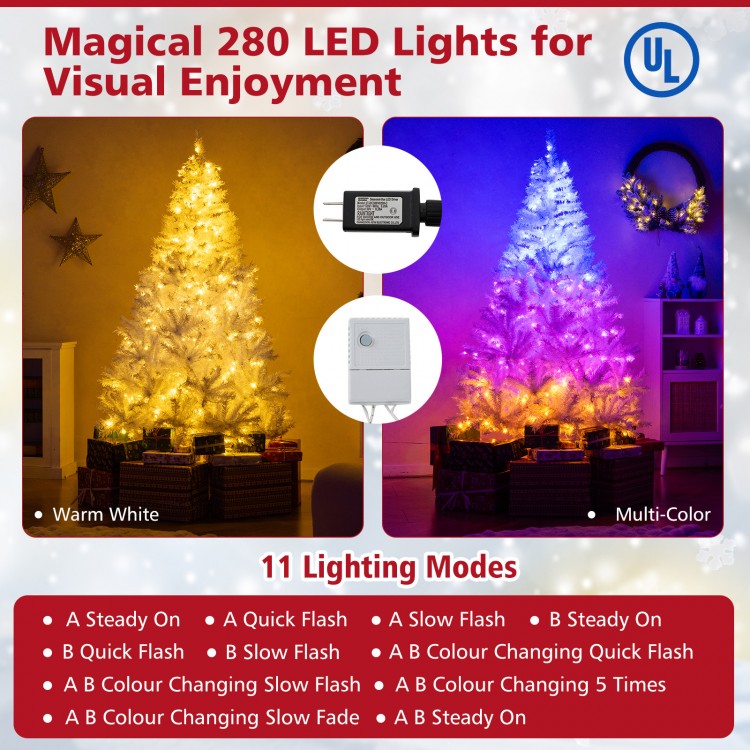 6 feet artificial Christmas tree with 280 LED lights in warm white and multi-color, featuring 11 lighting modes.