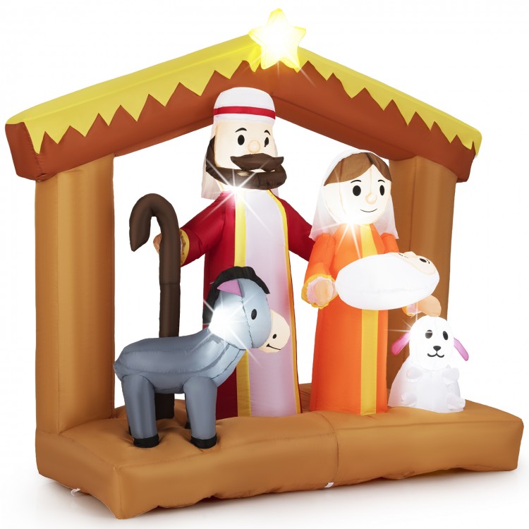 Inflatable 6-foot Christmas nativity scene with LED lights, featuring Mary, Joseph, and animals, perfect for outdoor.