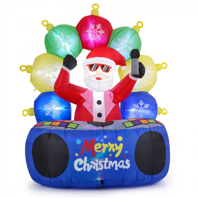 Inflatable DJ Santa with flashing LEDs and rotating music light, perfect for festive outdoor celebrations.
