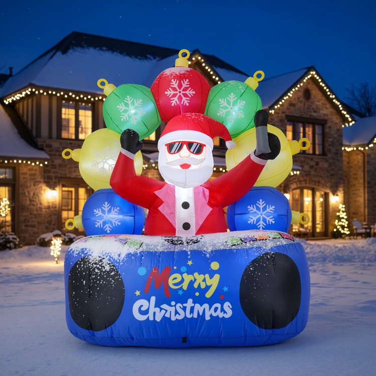 6-foot inflatable DJ Santa with flashing LEDs and rotating music light, perfect for festive outdoor celebrations.