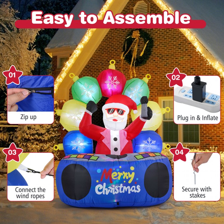 Inflatable DJ Santa with rotating music light and flashing LEDs, perfect for festive outdoor displays and easy assembly.