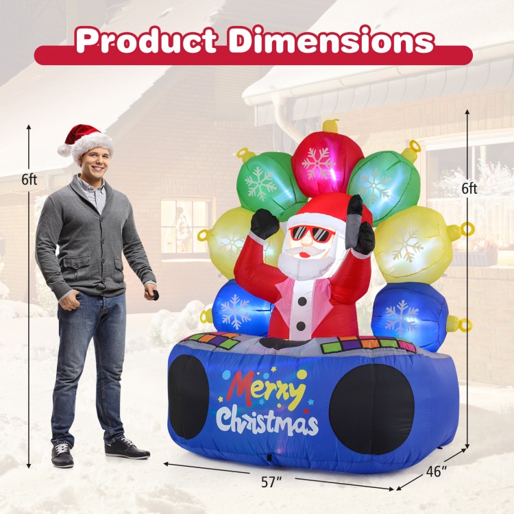 Inflatable DJ Santa with flashing LEDs and rotating music light, 6 feet tall, perfect for festive outdoor celebrations.