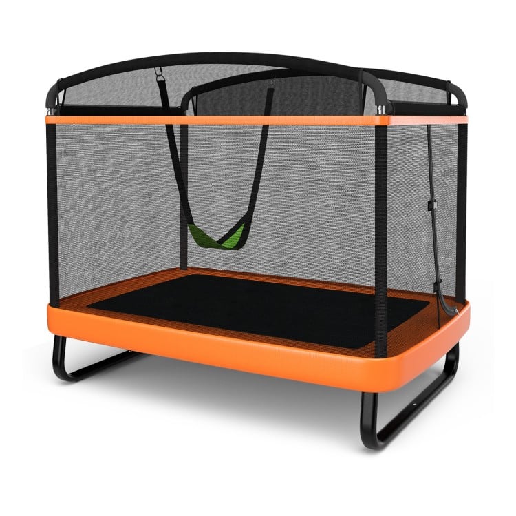 Kids trampoline with swing and safety fence in orange, featuring a sturdy frame and soft foam cushioning for safety.