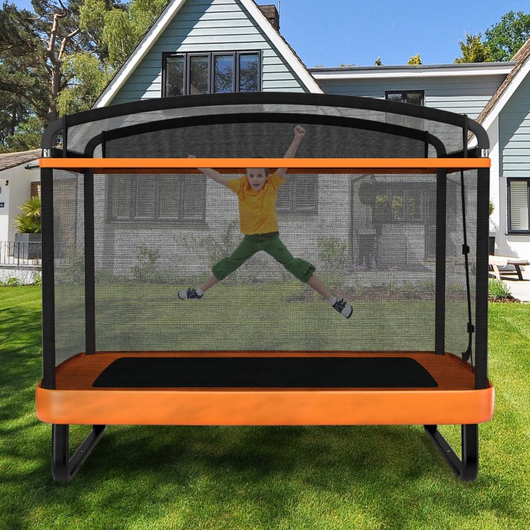 Kids' trampoline with swing safety fence in orange, featuring a sturdy frame and safety enclosure for secure bouncing.