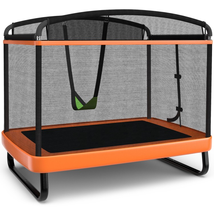 Kids trampoline with swing in orange, featuring safety fence, foam padding, and sturdy galvanized steel frame for fun.