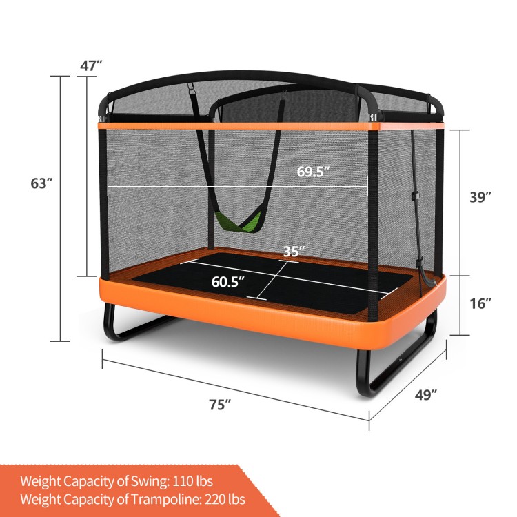 Kids trampoline and swing set in orange with safety fence, holds 220 lbs for trampoline and 110 lbs for swing.