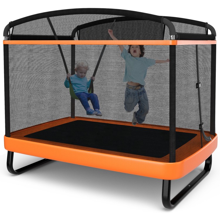 Kids enjoying the 6 feet orange trampoline with swing and safety fence, featuring a sturdy frame and protective netting.