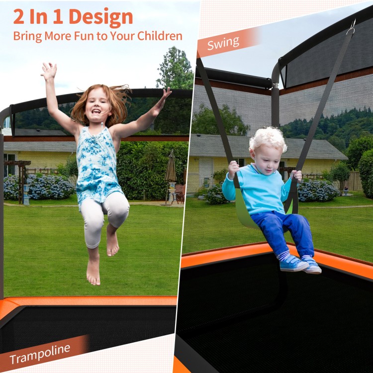 Kids enjoy the 6 feet trampoline and swing set with safety fence, featuring vibrant orange color and sturdy design.