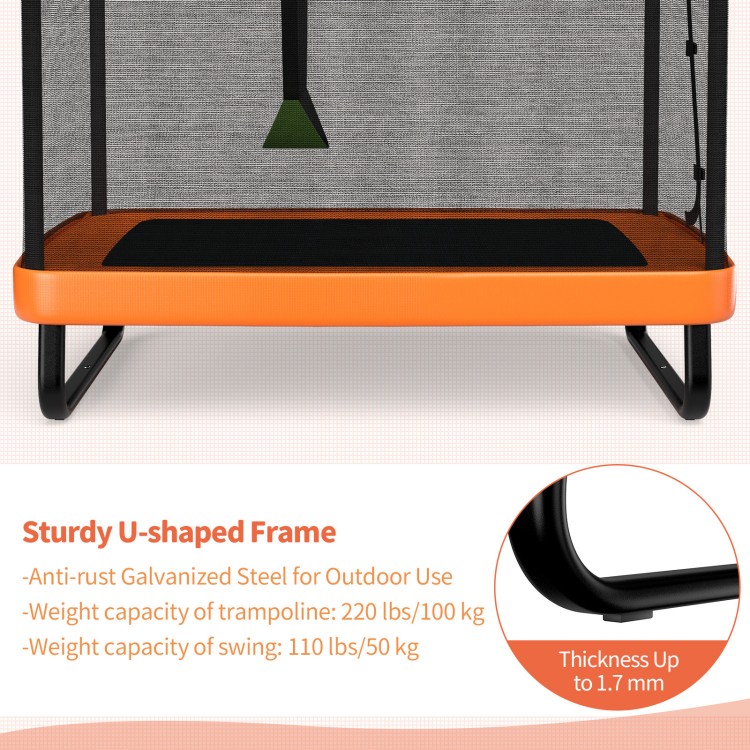 6 feet kids trampoline with swing, orange U-shaped galvanized steel frame, safety enclosure net, holds 220 lbs for.