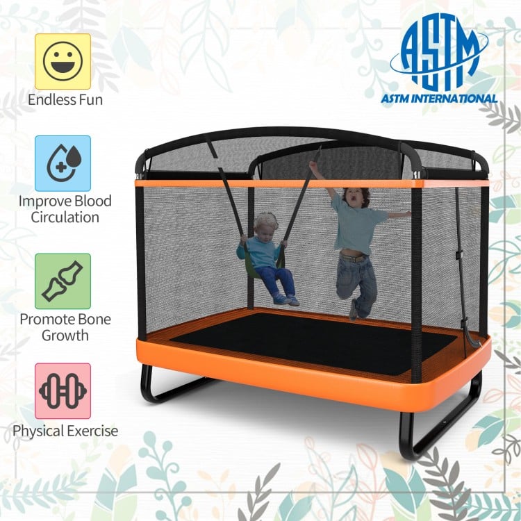 Kids enjoying the 6 feet orange trampoline with swing and safety fence, promoting fun and physical exercise.