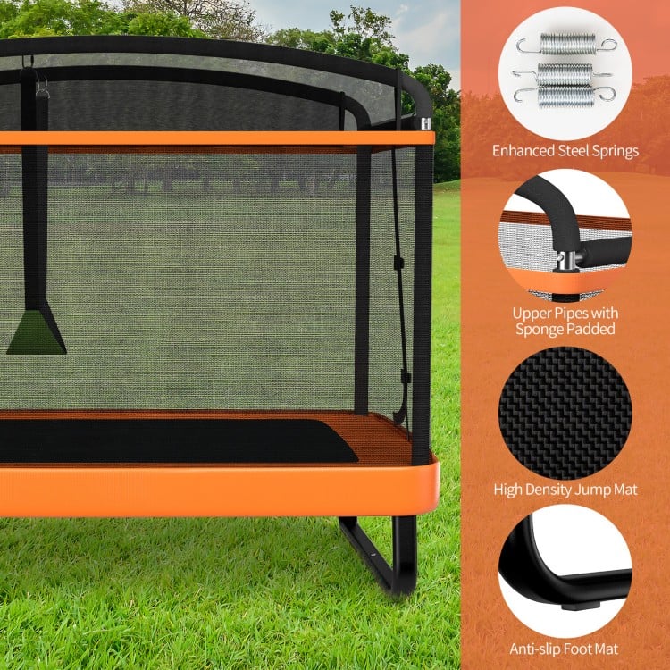 6 feet kids trampoline with swing, orange safety fence, high-density jumping mat, and padded upper pipes for safety.