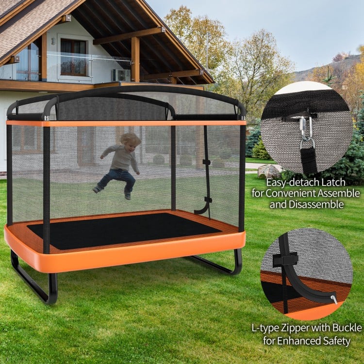 Kids trampoline with swing safety fence in orange, featuring a safety enclosure net and sturdy galvanized steel frame.