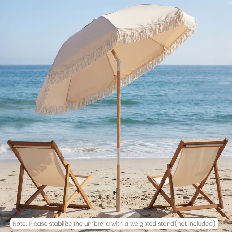 6 feet white patio umbrella with fringe, wood pole, and push button tilt, perfect for beachside relaxation.