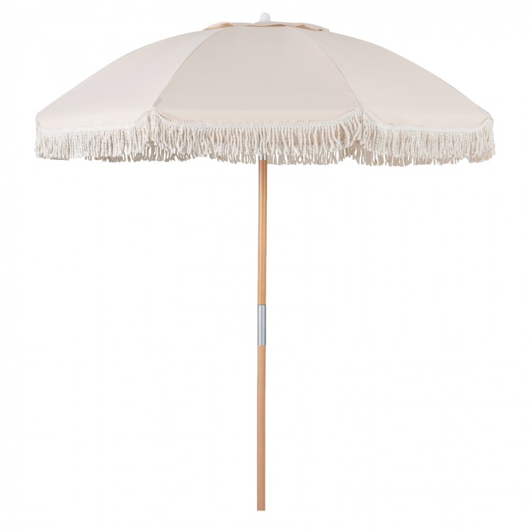 6 feet white patio umbrella with fringe, wood pole, and push button tilt for adjustable shade and coastal charm.