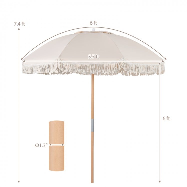 6 feet patio umbrella with fringe, wood pole, and push button tilt for adjustable shade, perfect for outdoor use.