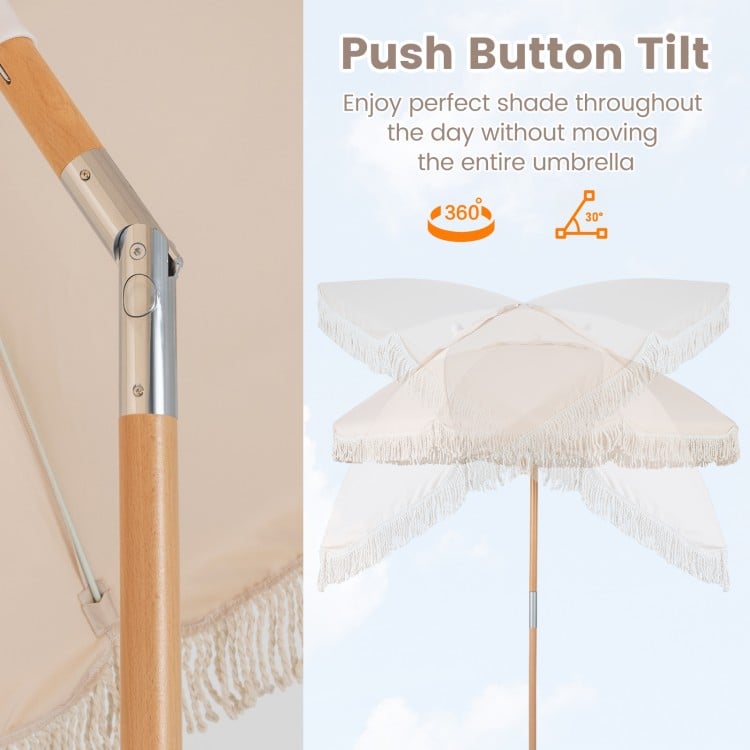 6 feet patio umbrella with fringe, wood pole, and push button tilt for adjustable shade and coastal charm.