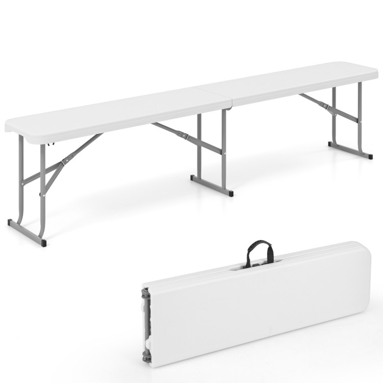 White 6-foot plastic folding bench with carrying handle, suitable for camping and dining, featuring sturdy metal legs.