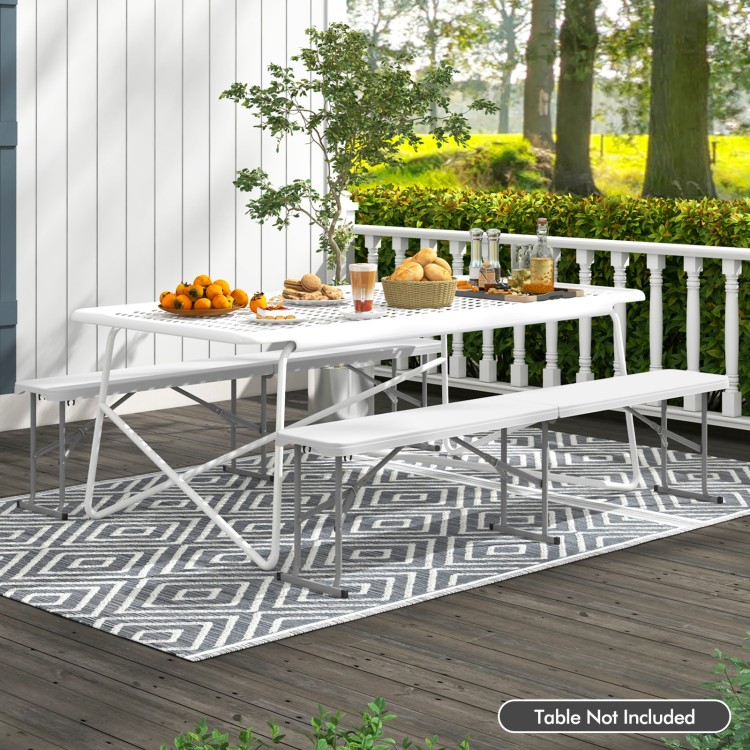 White 6-foot plastic folding bench with carrying handle, suitable for outdoor dining and camping, accommodating three.